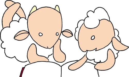Tegning av to lam som leser i en bok