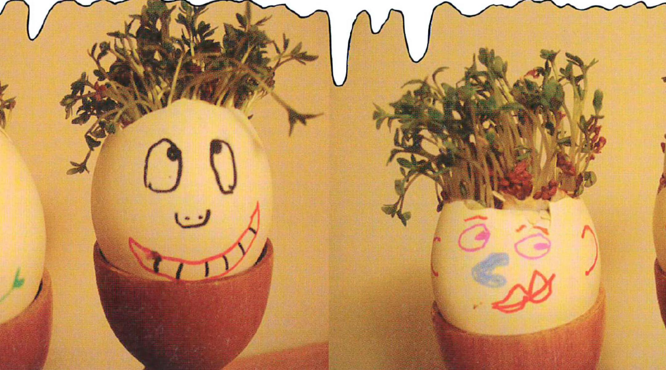 Egg i eggeglass med malte ansikt og karsehår